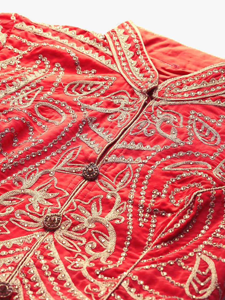 Made to Measure Red Flared Embellished Gown with Gold Thread Embroidery on Yoke