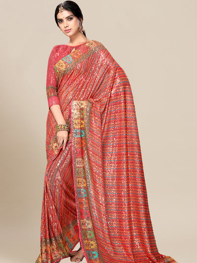 Chhabra 555 Coral Pink Leheriya Digital Print Georgette Saree With Allover Sequence Embroidery