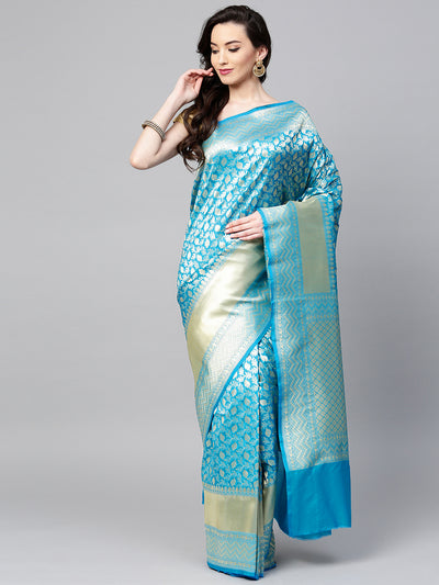 Chhabra 555 Blue Banarasi Silk Handloom, Hand Woven,Floral, Motifs Banarasi Zari Weav Border Saree  