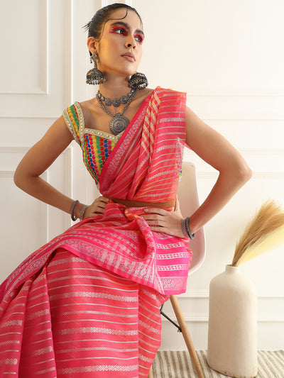 Chhabra 555 Bright Chanderi Silk Stripes Woven Traditional Saree Embellished With Contrast Blouse
