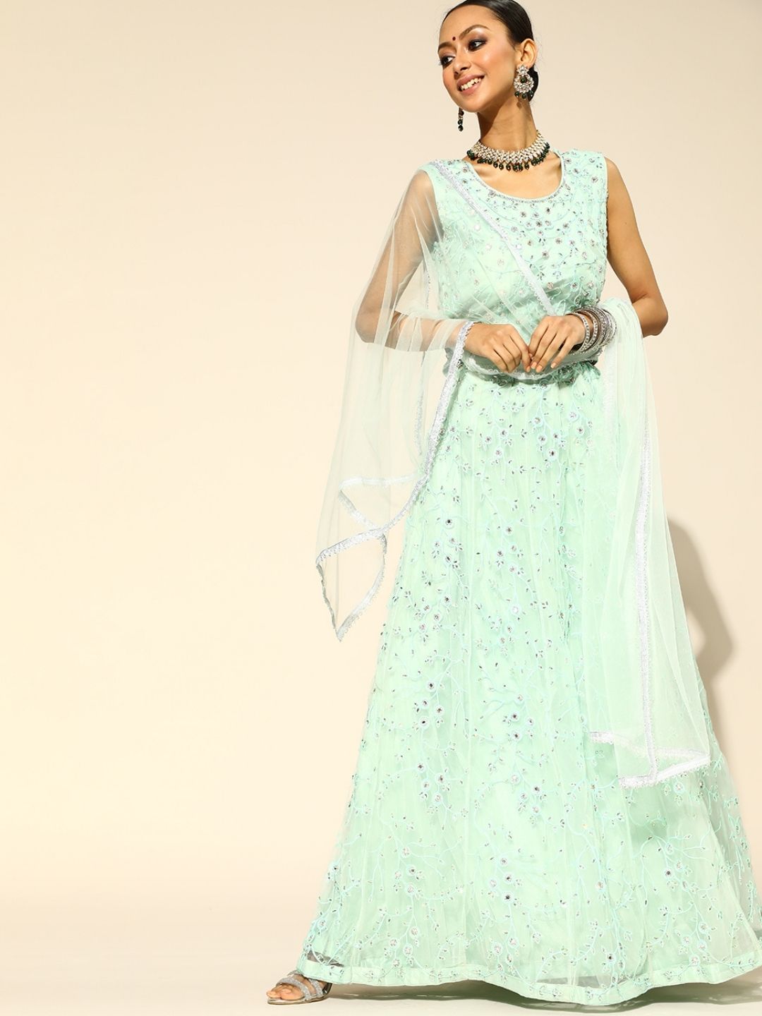 Chhabra 555 Made to Measure Kalidar Net Lehanga Set Embellished With Mirrors & Resham Embroidered