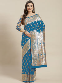 Teal Blue Kanjeevaram Silk Saree with Resham Meenakari ethnic motifs
