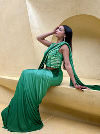 Green Ombre Saree With Mirror & Crystal Embellished Blouse