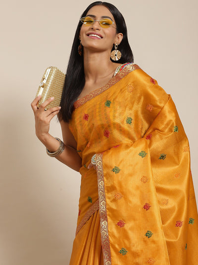 Chhabra 555 Mustard Tassar Benarasi Silk  Saree with Resham Embroidery  & Brocade Border 