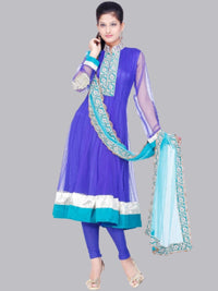Blue Net Embroidered Suit With Net Dupatta