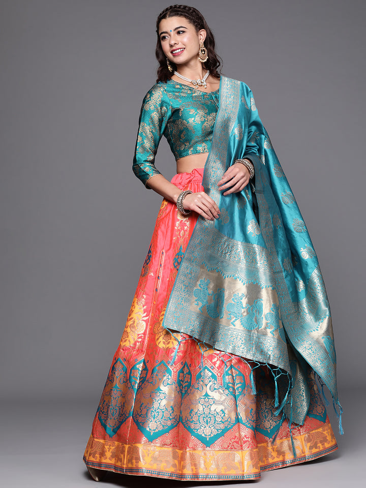 Pink Semi Stitched Banarasi Brocade Silk Lehenga Choli with Zari & Resham Elephant Motifs