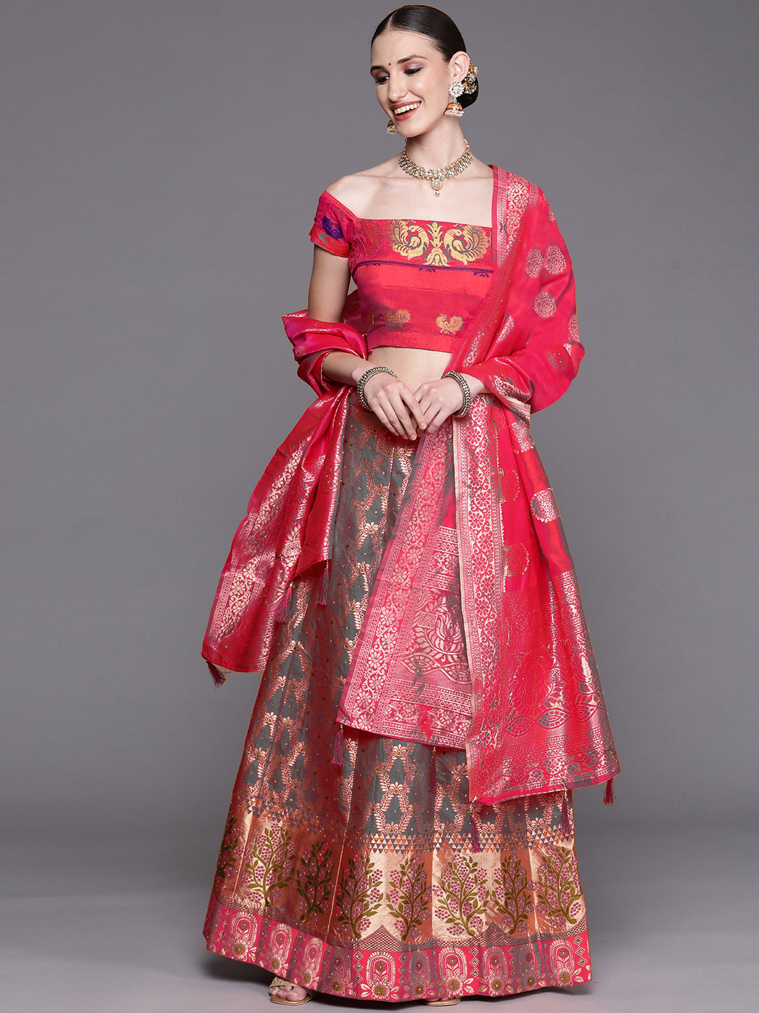 Chhabra 555 Semi-Stitched Grey Zari & Resham Handwoven Banarasi Brocade Floral Lehenga Set