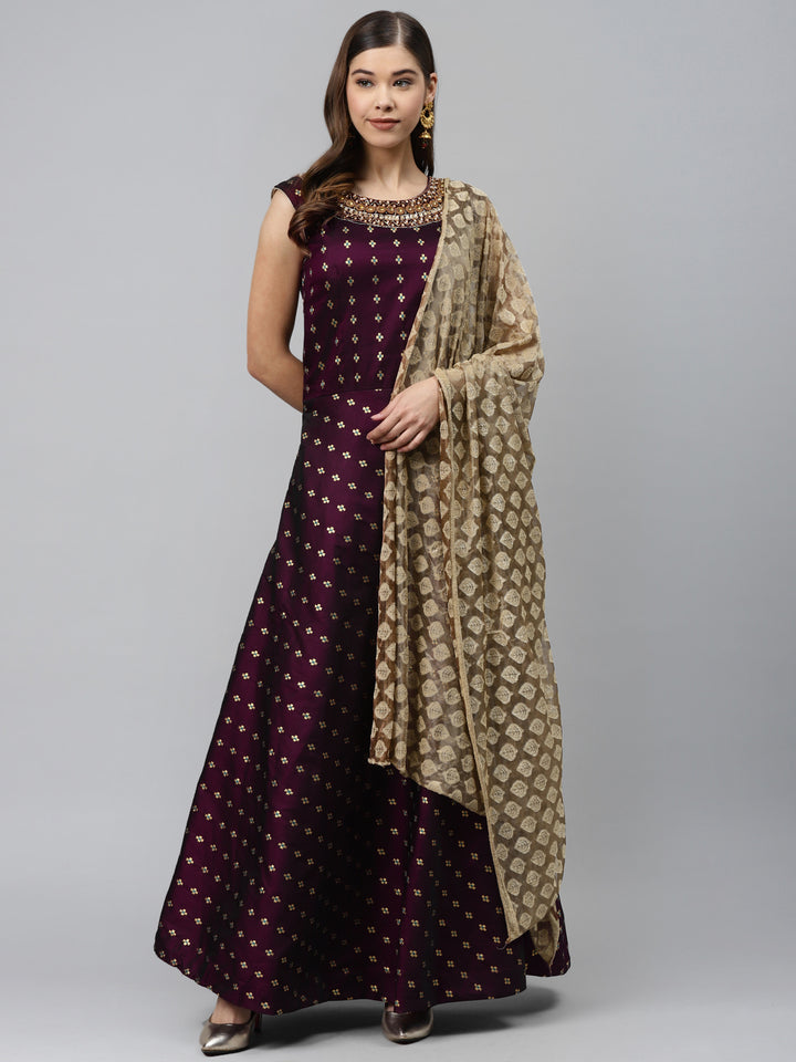 Made to Measure WIne Woven Embroidered Anarkali Set with Contrast Banarasi Dupatta