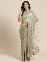 Net Zari Resham Embroidered Saree with dual embroidered border and paisley motifs