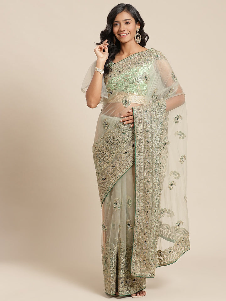 Net Zari Resham Embroidered Saree with dual embroidered border and paisley motifs