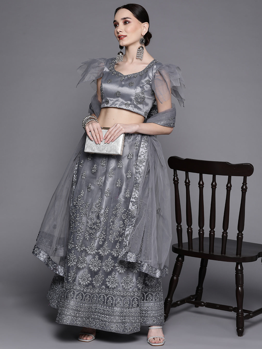 Chhabra 555 Semi-stitched Grey Metallic Floral Zari & Resham Thread Embroidery Net Lehenga Set
