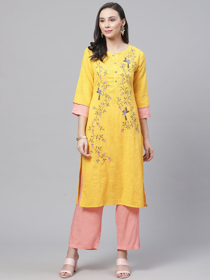 Made to Measure Jute Cotton Kurta Pallazo Set With Stylised Sleeves & Thread Embroidery