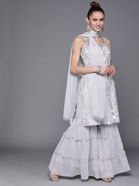 Made to Measure Silver Resham Embroidered  Sharara Suit Set With Embellished Neckline