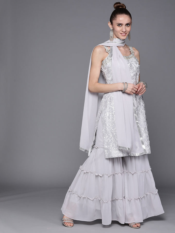 Made to Measure Silver Resham Embroidered  Sharara Suit Set With Embellished Neckline