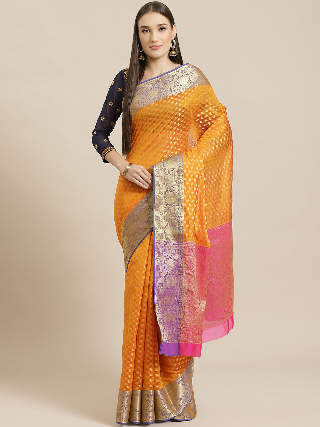 Mustard Orange Handloom Chanderi Saree with Paisleys Weaving & Contrast Border, Blouse