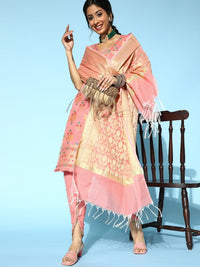 Chhabra 555 Pink Banarasi Handloom Woven Kurta Dupatta Set with Pleated Sleeves, Dhoti Pants 