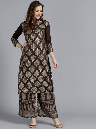 Chhabra 555 Brown Kurta Set with gold foil print in traditional mughal motifs and matching pants