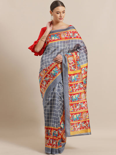 Chhabra 555 Checked Bhagalpuri Silk printed Saree with Peacock and Elephant animal Digital Patterns