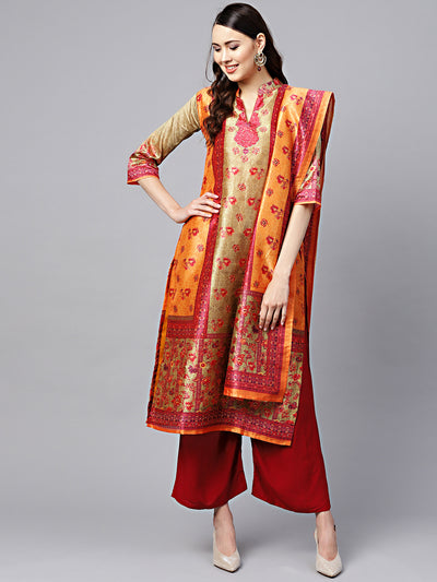 Chhabra 555 Made to Measure Orange Chanderi  Digital Print Suit with Crystal Embellishments 