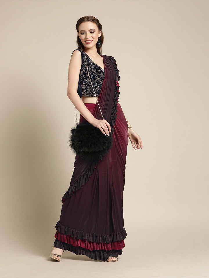Ruffled Pre-Draped Ombre Lycra Saree with Frills and Velvet Crystal Embellished Blouse