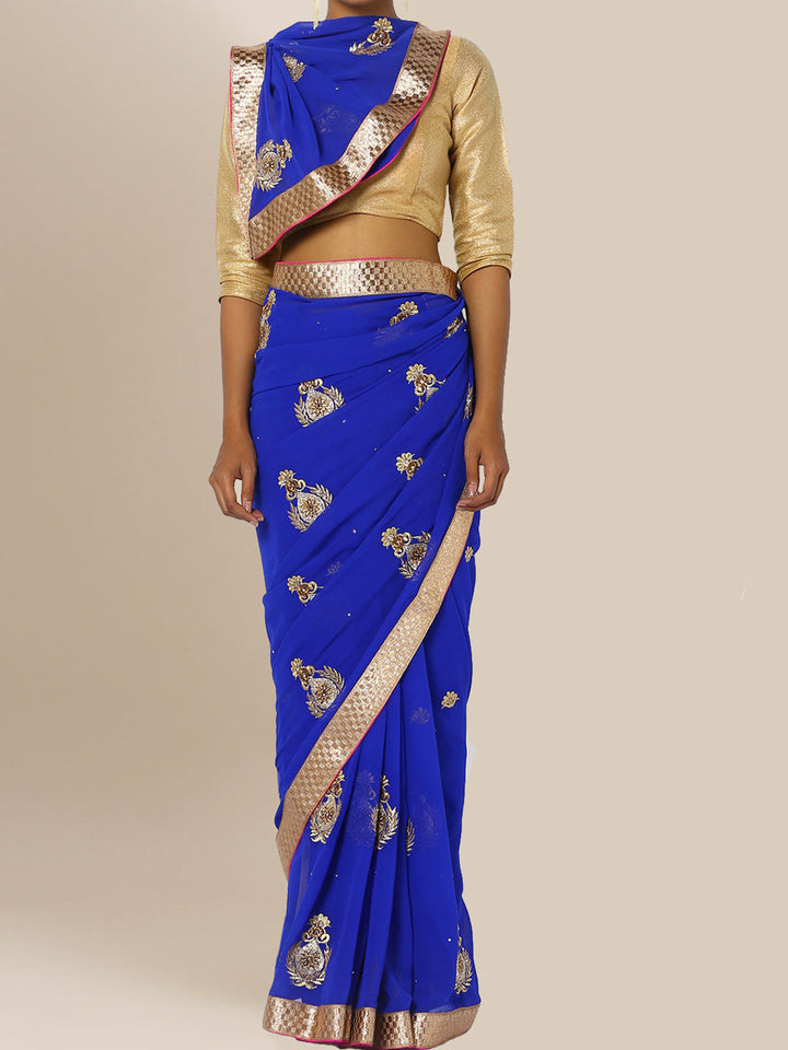 Blue Zari Embroidered Mughal Motif Georgette Saree