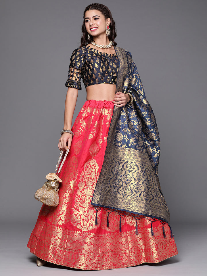 Magenta Semi Stitched Banarasi Brocade Silk Lehenga Choli & Mughal Inspired Zari Weaving