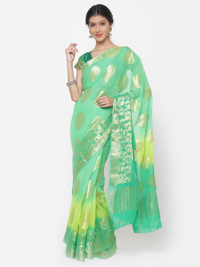 Chhabra 555 Mysore Georgette Teal to Green ombre dyed saree with floral weaved motifs