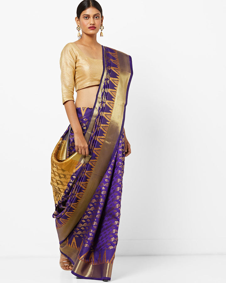 Banarasi Silk  Handloom Saree With Golden Zari Weaving and Ethnic Woven Temple Border
