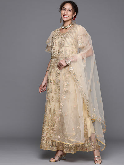 Chhabra 555 Semi-Stitched Gold Zari Embellished Net Gown & Dupatta With Double layered Sleeves