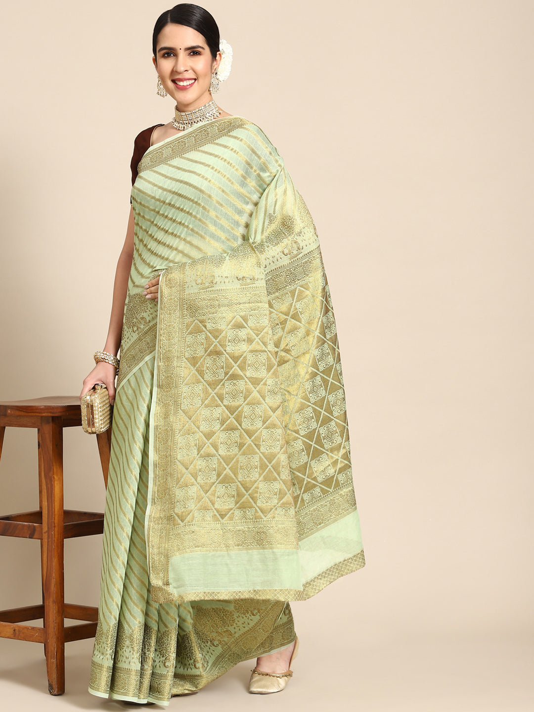 Chhabra 555 Rose Pink  Banarasi Striped Pattern Oxidised Gold Zari Woven Chanderi Saree