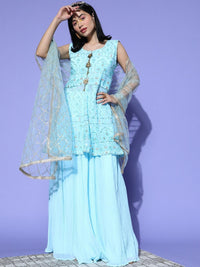 Chhabra 555 Made to Measure Turquoise Sequence & Resham Embroidered Peplum Kurta Lehenga Set