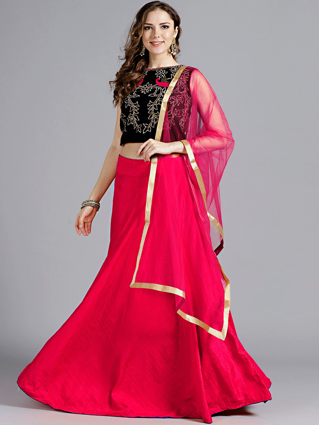 Made-to-Measure Pink Blue Embellished Crop top Lehanga set With crystals & thread Work