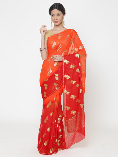 Chhabra 555 Mysore Georgette Orange to Red ombre dyed saree with Leaf shaped weaved motifs