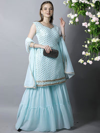 Chhabra 555 Made to Measure Pastel Blue Sequin Embroidered Georgette Kurta with Layered Sharara