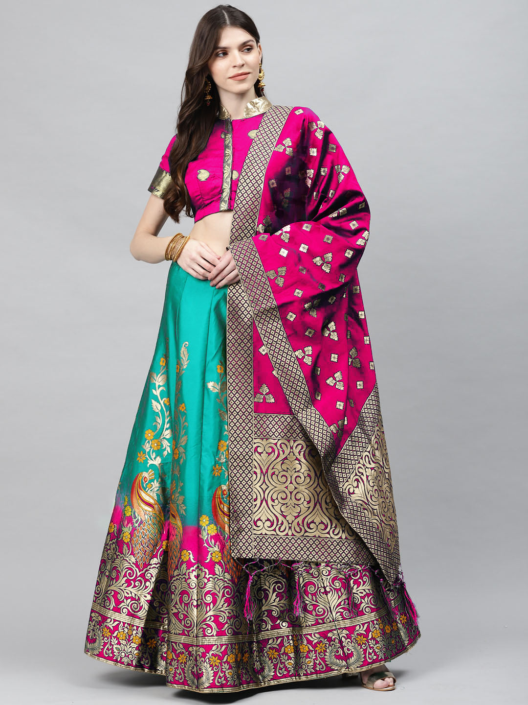 Magenta Pink & Turquoise Dyed Semi Stitched Banarasi Lehenga Choli Set