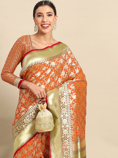 Chhabra 555 Orange Woven Design Handloom Banarasi Art Silk Saree With Contrast Border & Blouse