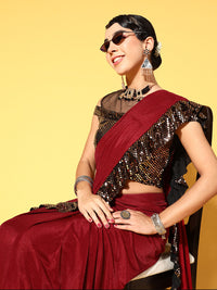 Chhabra 555 Pre-Draped Maroon Ready to Wear Lycra Saree with Metallic Bling Net Ruffled Border 
