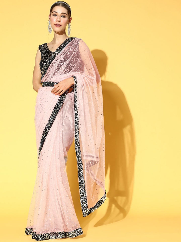 Chhabra 555 Peach Sheer Net Cocktail Saree With Metallic Polka Dots & Sequinned Velvet Blouse