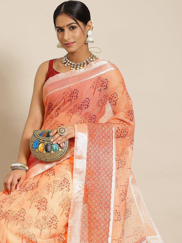 Chhabra 555 Pastel Peach Printed Floral Summerish Kota Cotton Saree