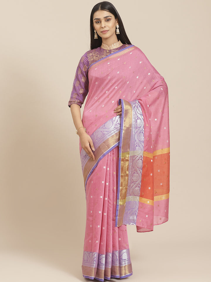 Handloom Chanderi SIlk Saree with Striped print and Gold and Silver Zari weaving