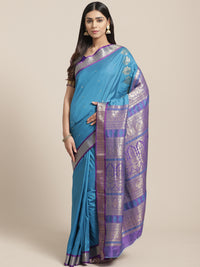Kanjiwaram Dupion Silk saree with Zari Weaving Contrast Border and Rich Temple Pallu