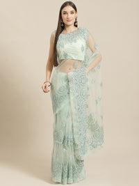 Sea Green Frills & Ruffles Net Saree with Heavy Silver Zari & Resham Embroidery