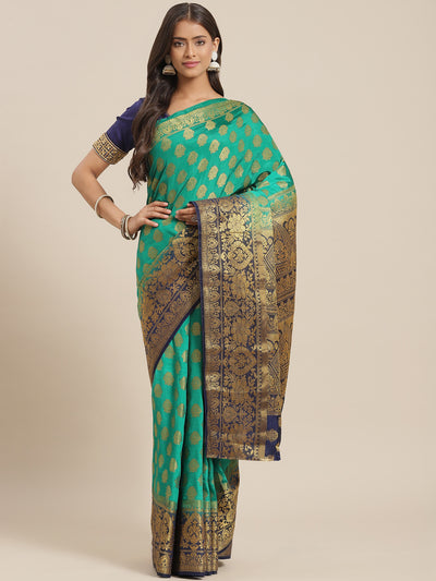 Chhabra 555 Teal to Blue Ombre Banarasi Georgette Traditional Saree With Contrast Blouse