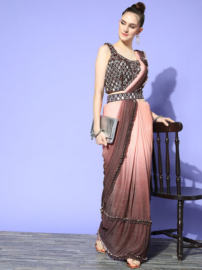 Chhabra 555 Peach & Brown Ombre Draped Pleated Saree With Mirror Work,Sequins Embellished Blouse
