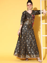 Black Banarasi Brocade Angrakha Anarkali Gown & Contrast tassels