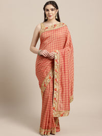 Chhabra 555 Crepe Checked pattern Saree with Zari Resham Embroidered border and crystal embellishments