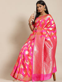 Chhabra 555 Pink & Orange Geometrical Pattern Silk Blend Banarasi Woven Saree with Color Blocking 