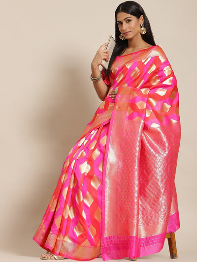 Chhabra 555 Pink & Orange Geometrical Pattern Silk Blend Banarasi Woven Saree with Color Blocking 