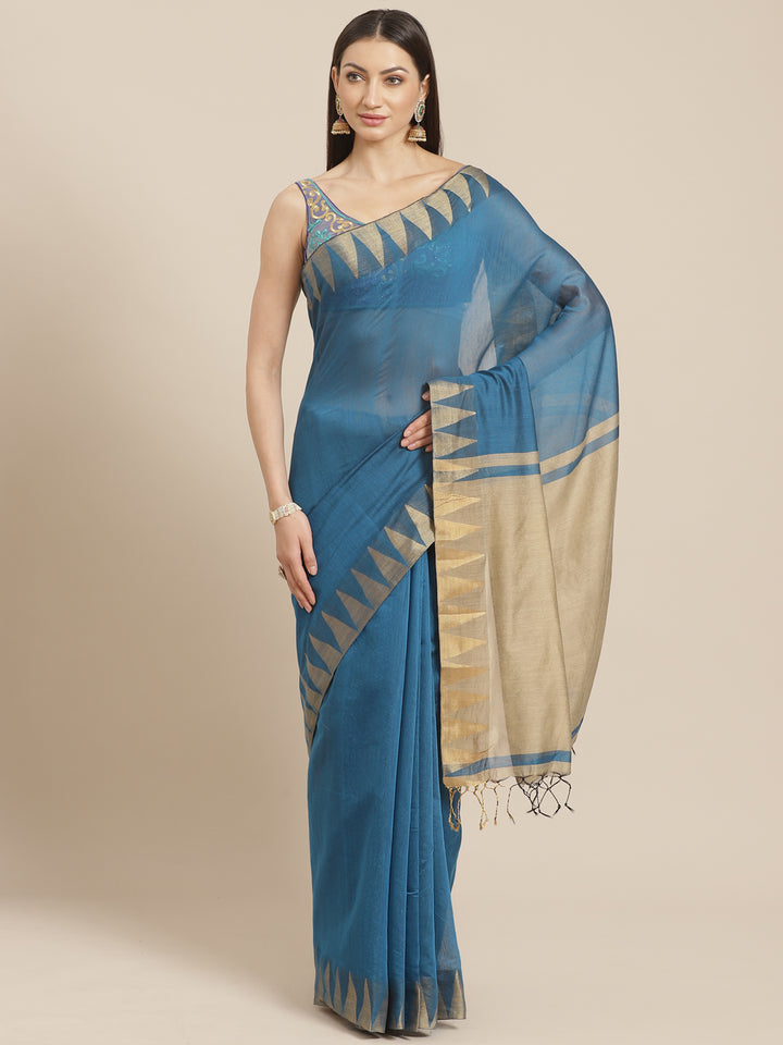 Deep Blue Venkatgiri Heritage of India Saree with Temple Weaving Border & Tassels
