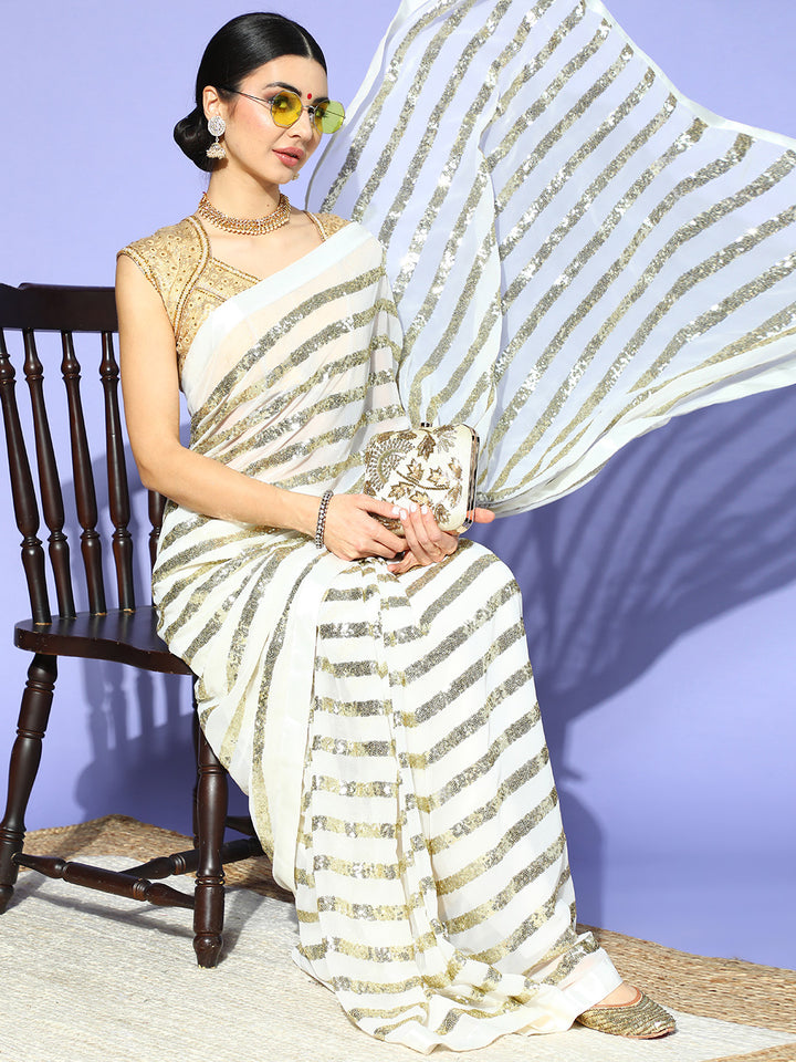 Chhabra 555 White Designer Georgette Cocktail Saree with Sequin Bling Embroidery in striped pattern